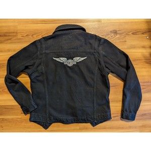 Harley Davidson Women Large Black Denim Full Zip Snap Buttons Long Sleeve Collar